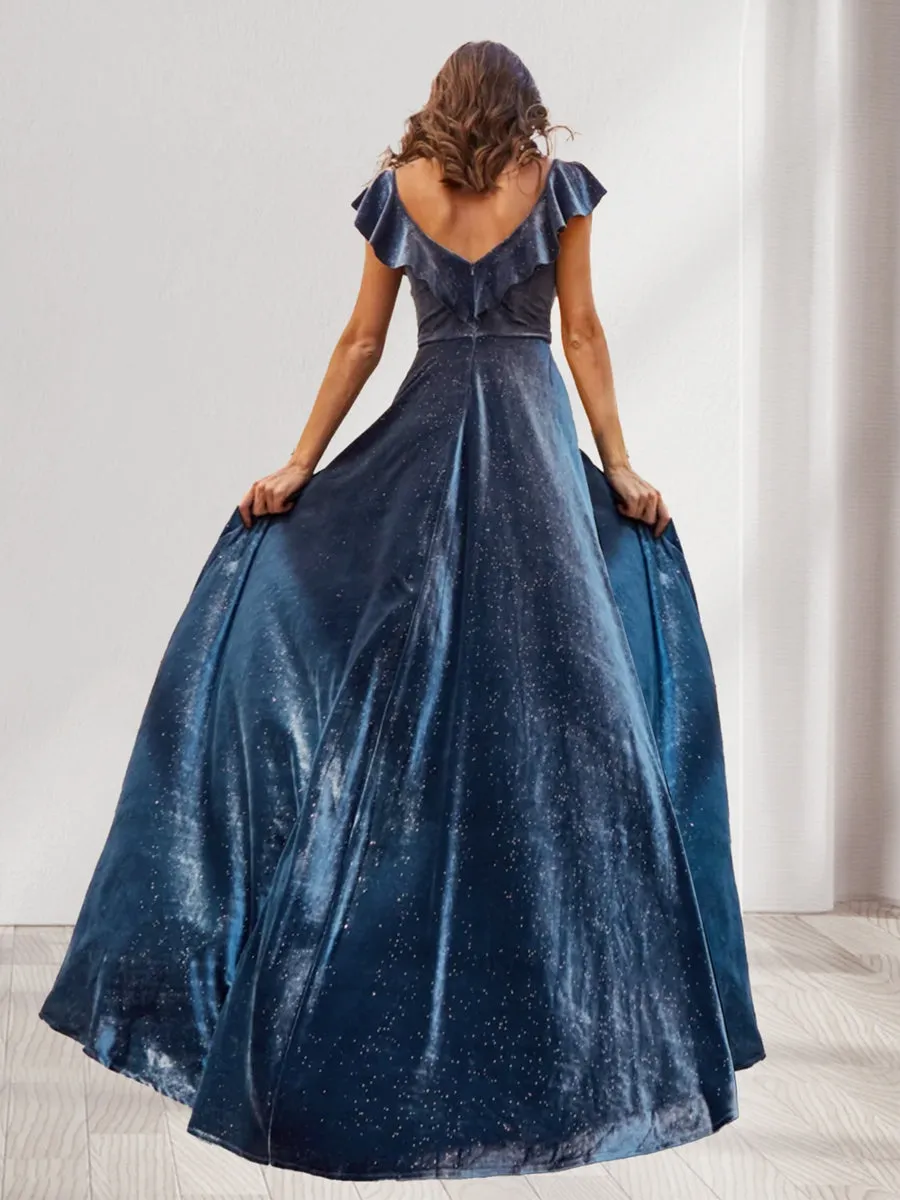 A-Line/Princess V-Neck Ruched Velvet Floor-Length Evening Dresses with Split Side sold by Lavetir product image thumbnail 2