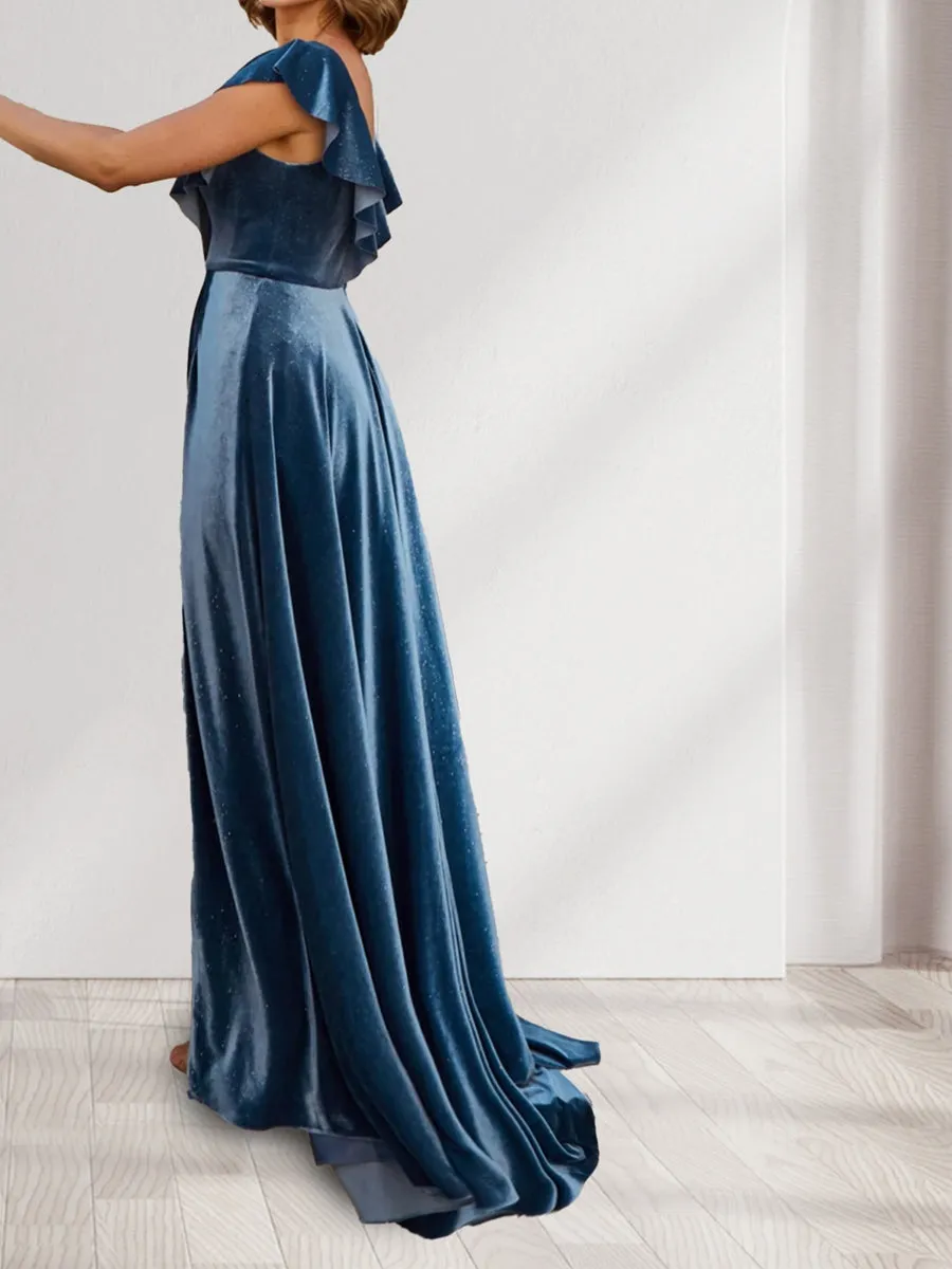 A-Line/Princess V-Neck Ruched Velvet Floor-Length Evening Dresses with Split Side sold by Lavetir product image thumbnail 3