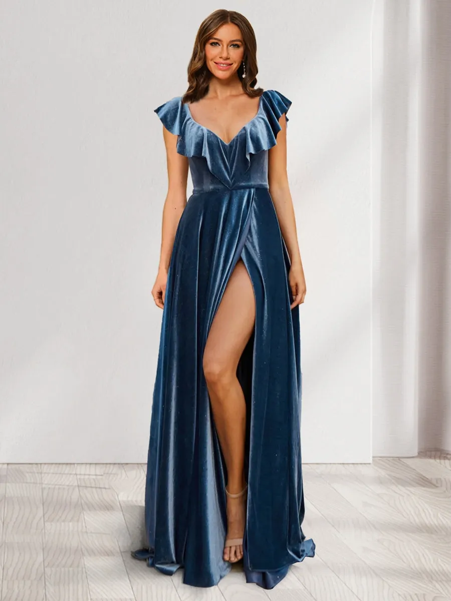 A-Line/Princess V-Neck Ruched Velvet Floor-Length Evening Dresses with Split Side sold by Lavetir