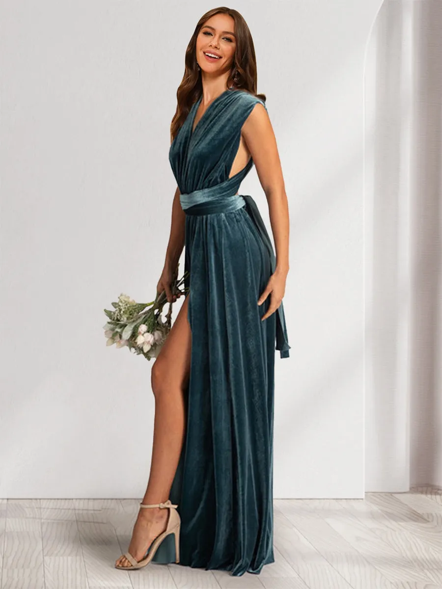 A-Line/Princess V-Neck Sleeveless Ruched Velvet Evening Dresses with Split Side & Ruffles sold by Lavetir