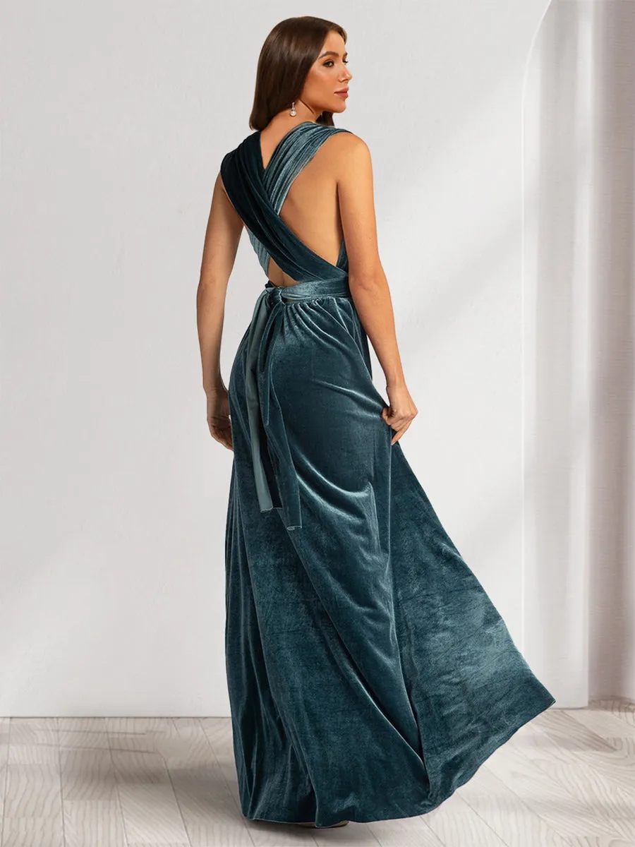 A-Line/Princess V-Neck Sleeveless Ruched Velvet Evening Dresses with Split Side & Ruffles sold by Lavetir product image thumbnail 2