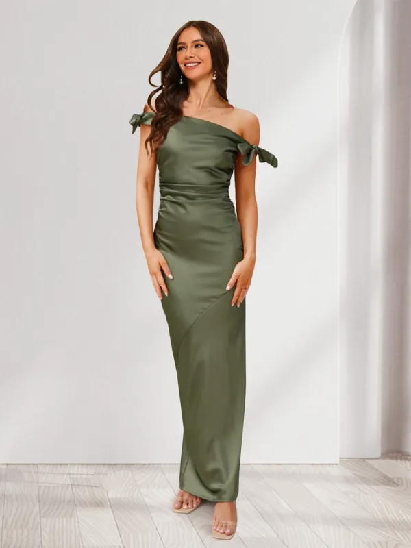 Sheath/Column Off-the-Shoulder Sleeveless Ruched Floor-Length Evening Dresses with Bow(s) sold by Lavetir