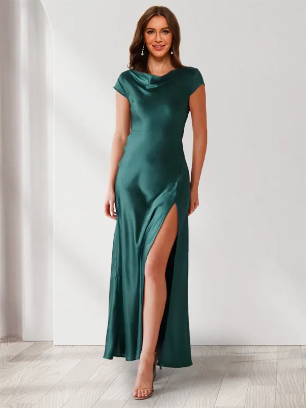 Sheath/Column Cowl Neck Short Sleeves Ankle-Length Evening Dresses with Split Side sold by Lavetir