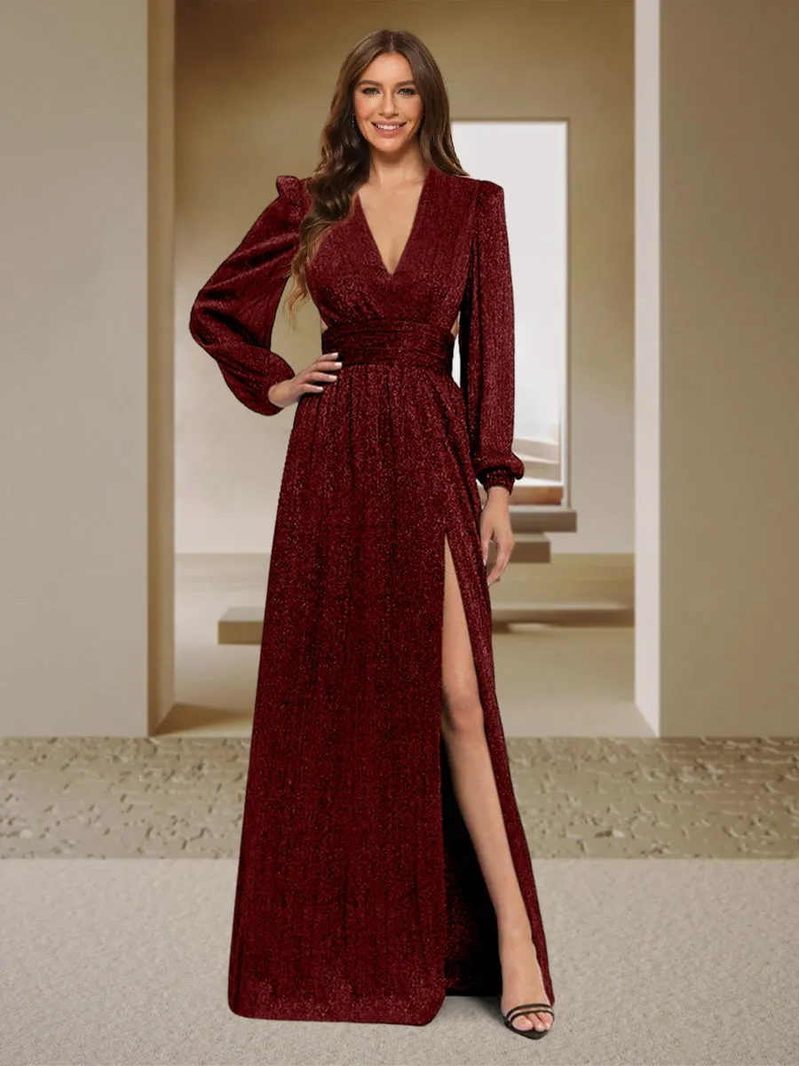 A-Line/Princess V-Neck Long Sleeves Floor-Length Evening Dresses with Split Side sold by Lavetir