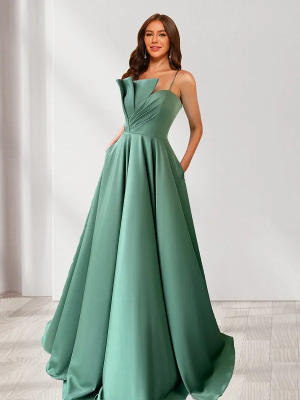 A-Line/Princess Spaghetti Straps Ruched Floor-Length Evening Dresses with Ruffles sold by Lavetir
