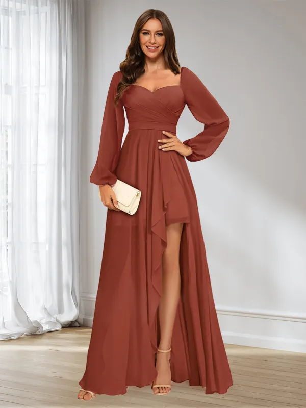 A-Line/Princess Sweetheart Long Sleeves Asymmetrical Ruched Bridesmaid Dresses sold by Lavetir