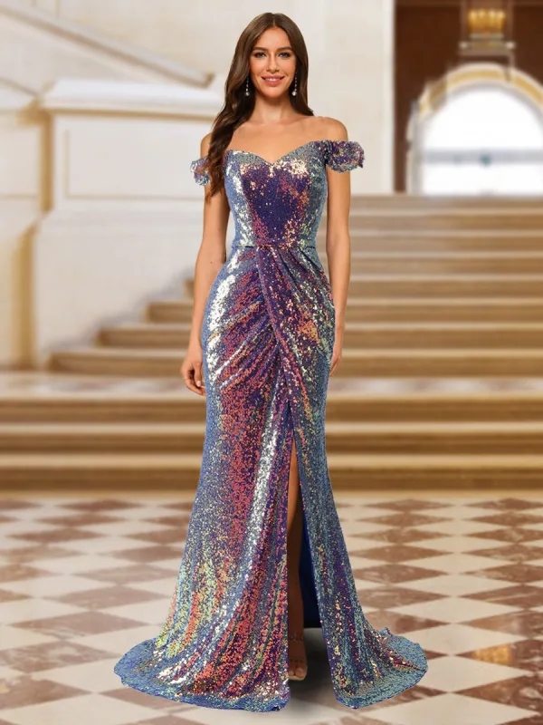 Sparkly Trumpet/Mermaid Off-the-Shoulder Long Evening Dresses with Split Side sold by Lavetir