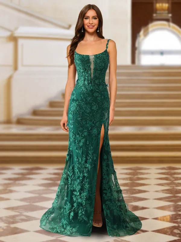 Trumpet/Mermaid Spaghetti Straps Tulle Long Evening Dresses with Side Slit & Appliques sold by Lavetir