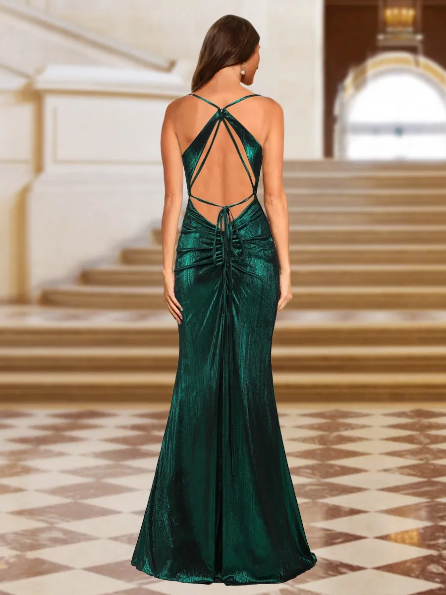 Trumpet/Mermaid Spaghetti Straps Ruched Long Evening Dresses with Split Side sold by Lavetir product image thumbnail 2