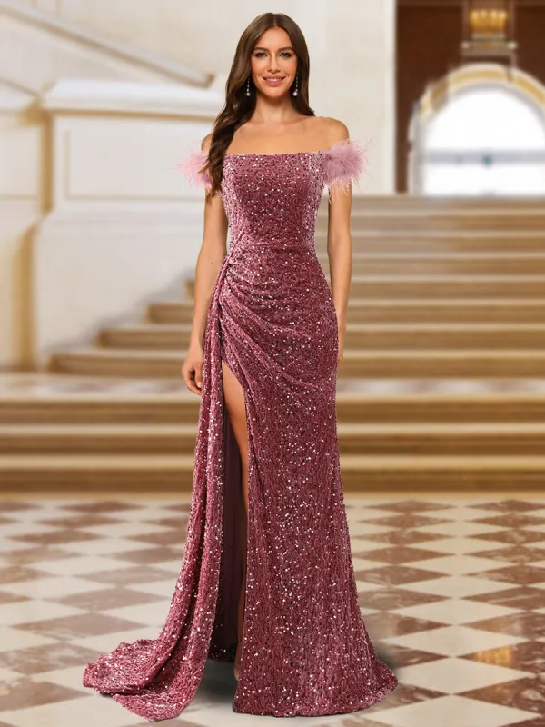 Sparkly Trumpet/Mermaid Strapless Sequined Long Evening Dresses with Split Side & Feather sold by Lavetir