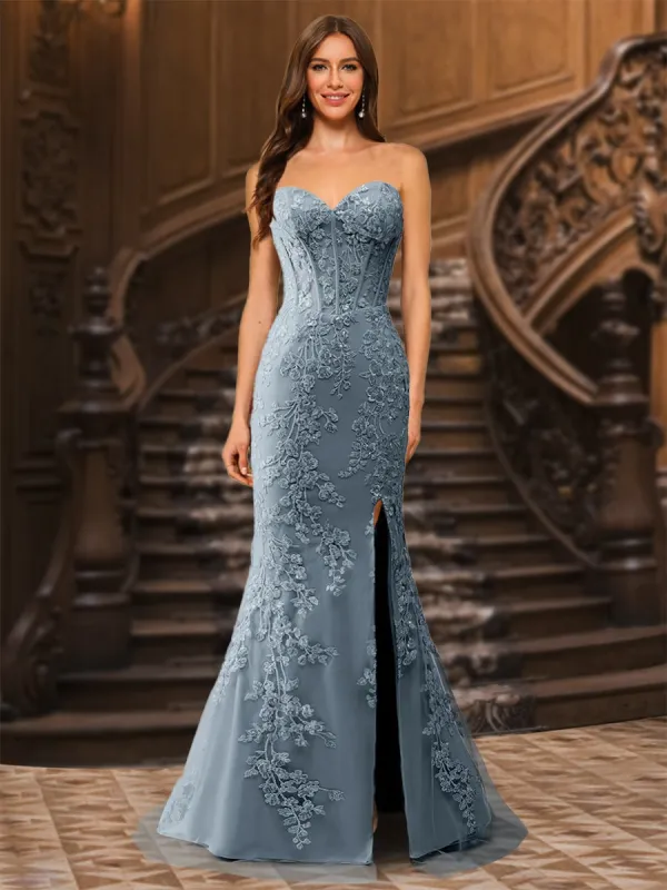 Trumpet/Mermaid Sweetheart Pleated Tulle Long Evening Dresses with Side Slit & Appliques sold by Lavetir
