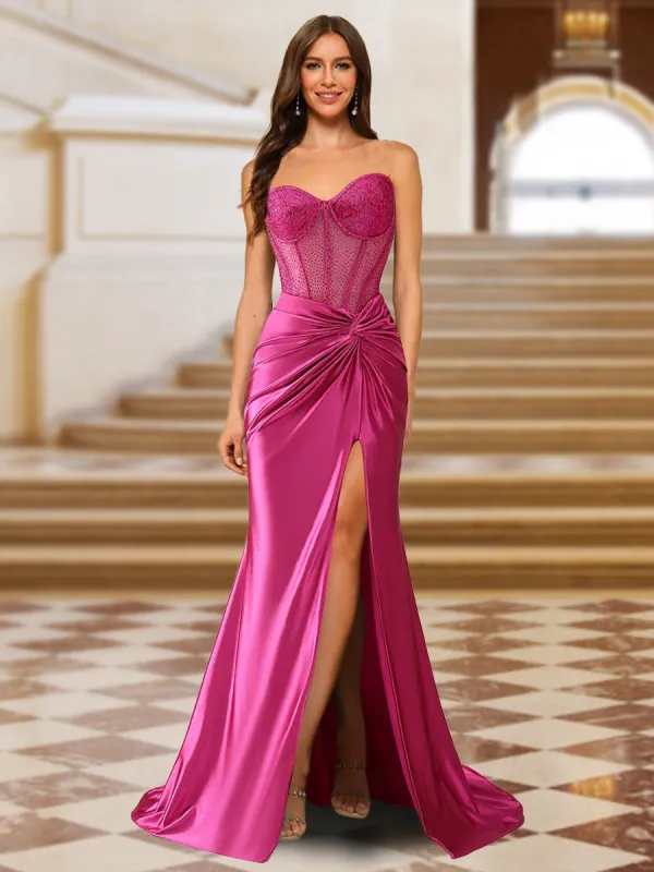 Trumpet/Mermaid Strapless Pleated Long Evening Dresses with Side Slit & Sequins sold by Lavetir