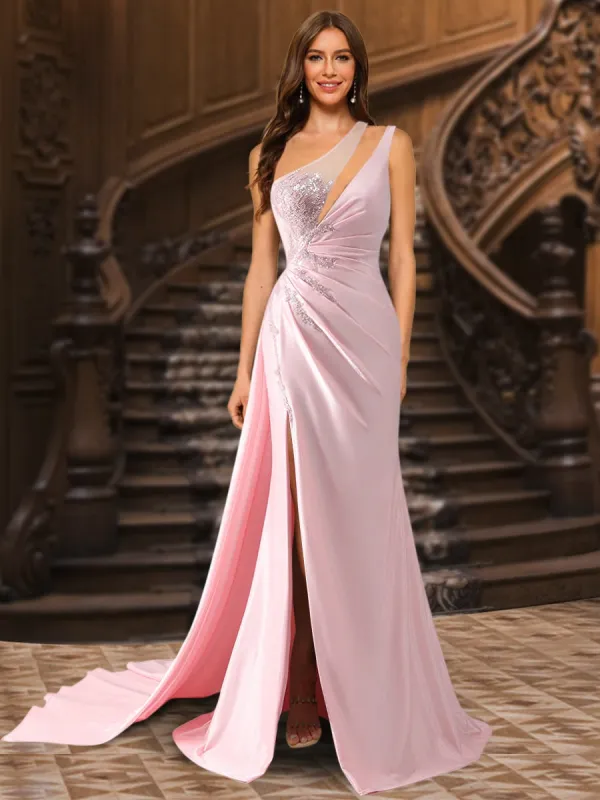 Trumpet/Mermaid One-Shoulder Sweep Train/Brush Train Evening Dresses with Side Slit & Appliques sold by Lavetir