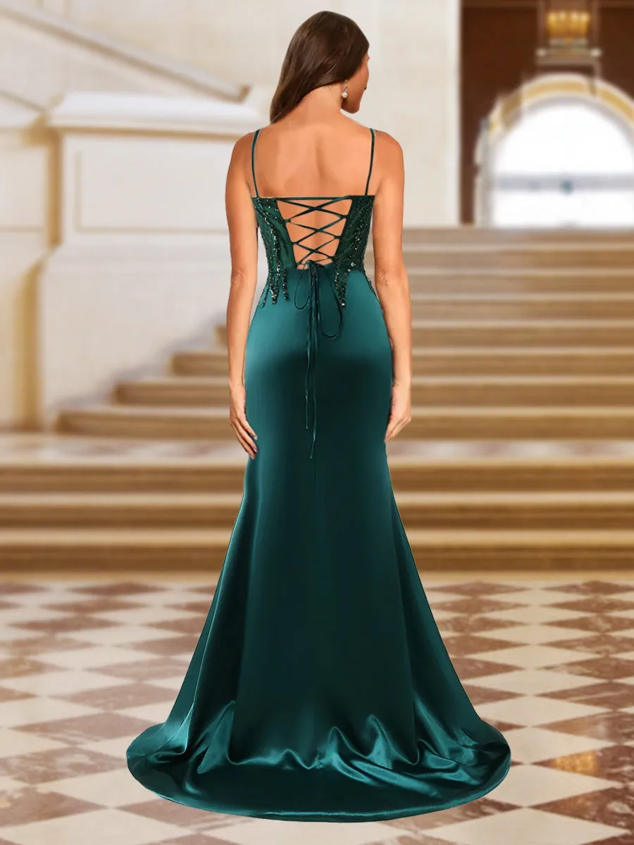 Sparkly Trumpet/Mermaid Spaghetti Straps Long Evening Dresses with Side Slit & Appliques sold by Lavetir product image thumbnail 2