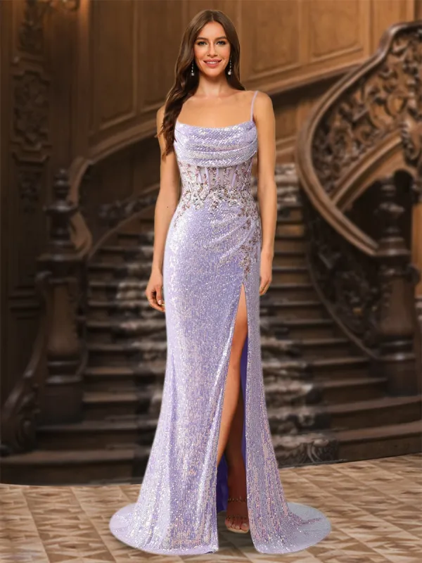 Trumpet/Mermaid Spaghetti Straps Long Sparkling Evening Dresses with Split Side & Appliques sold by Lavetir