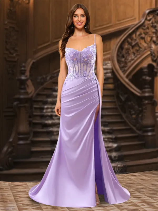 Trumpet/Mermaid Spaghetti Straps Long Pleated Evening Dresses with Split Side & Appliques sold by Lavetir