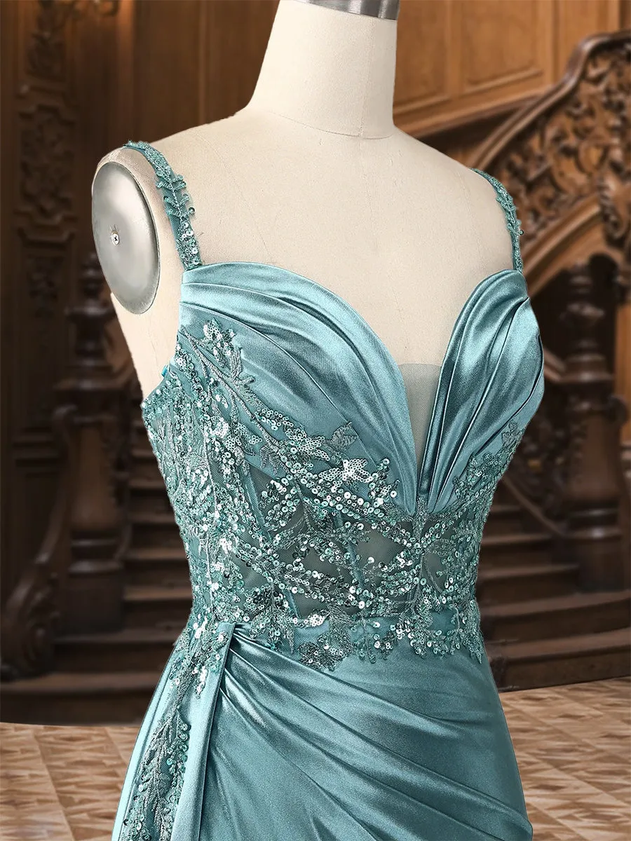 Trumpet/Mermaid Spaghetti Straps Ruched Long Evening Dresses with Split Side & Appliques sold by Lavetir product image thumbnail 5