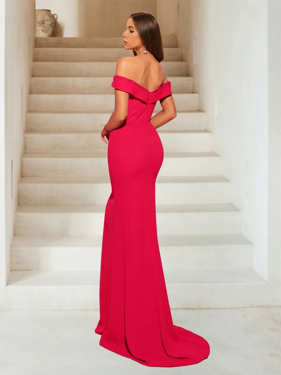 Sheath/Column Off-the-Shoulder V-Neck Sweep Train Chiffon Evening Dresses sold by Lavetir product image thumbnail 2