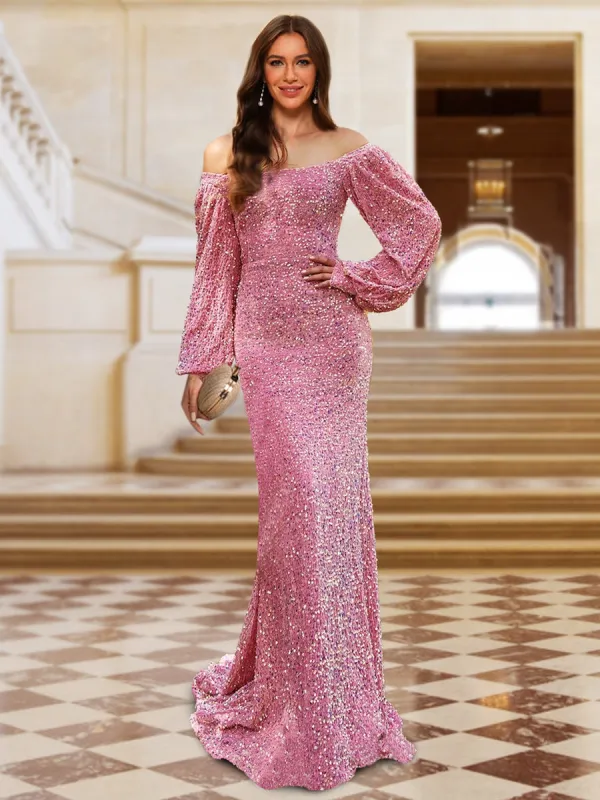 Sheath/Column Off-the-Shoulder Long Sleeves Sweep Train Evening Dresses sold by Lavetir