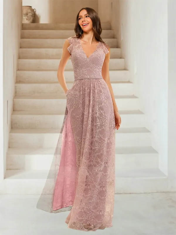 A-Line/Princess V-Neck Short Sleeves Floor-Length Evening Dresses with Lace sold by Lavetir