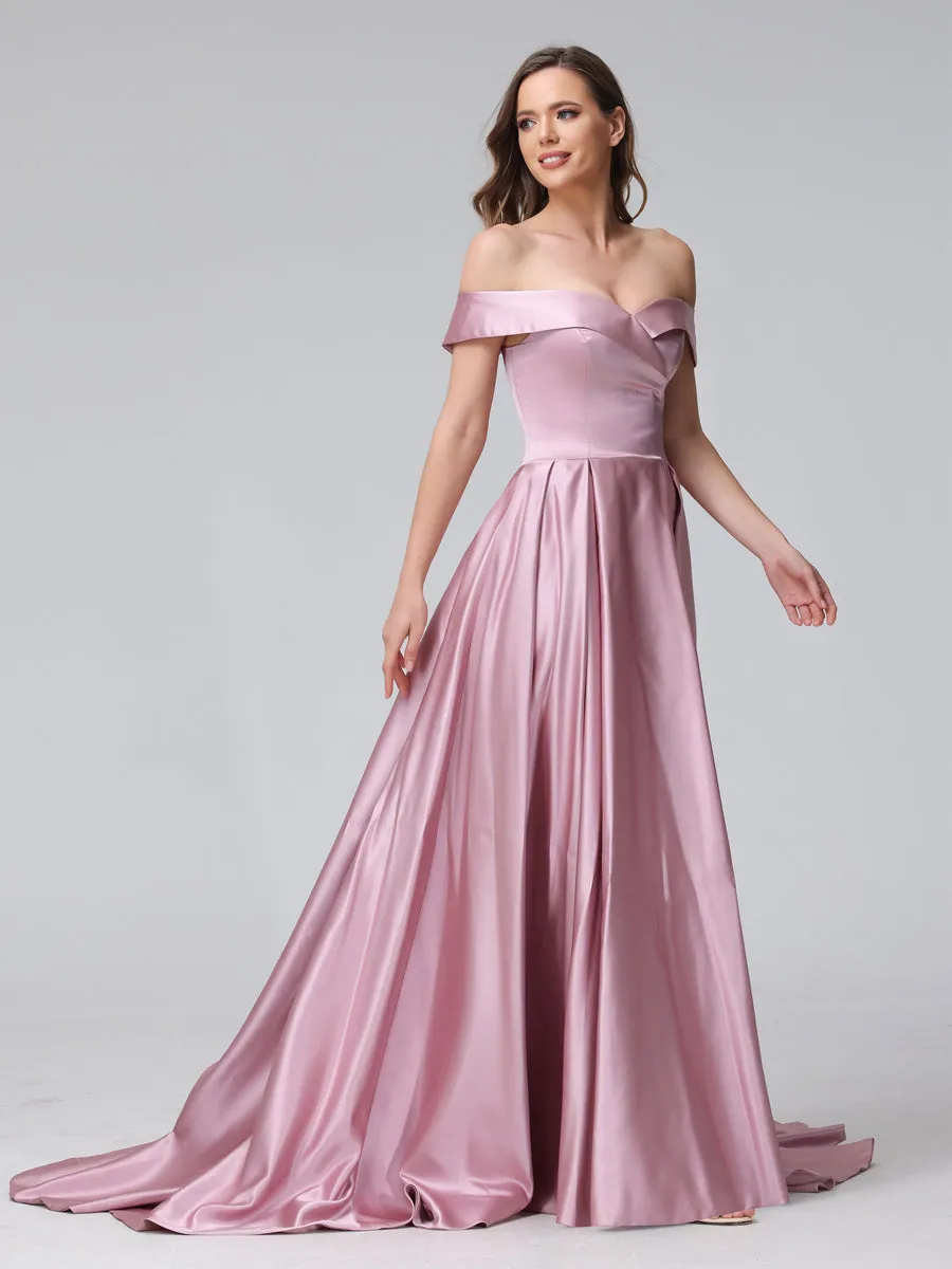 A-Line Off-the-Shoulder Long Satin Prom Dresses with Split Side & Pockets sold by Lavetir product image thumbnail 4