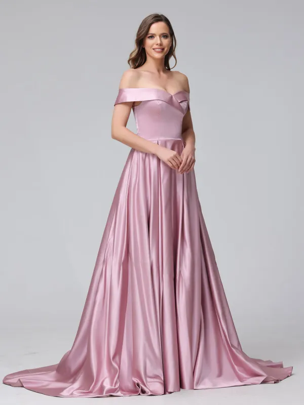 A-Line Off-the-Shoulder Long Satin Prom Dresses with Split Side & Pockets sold by Lavetir