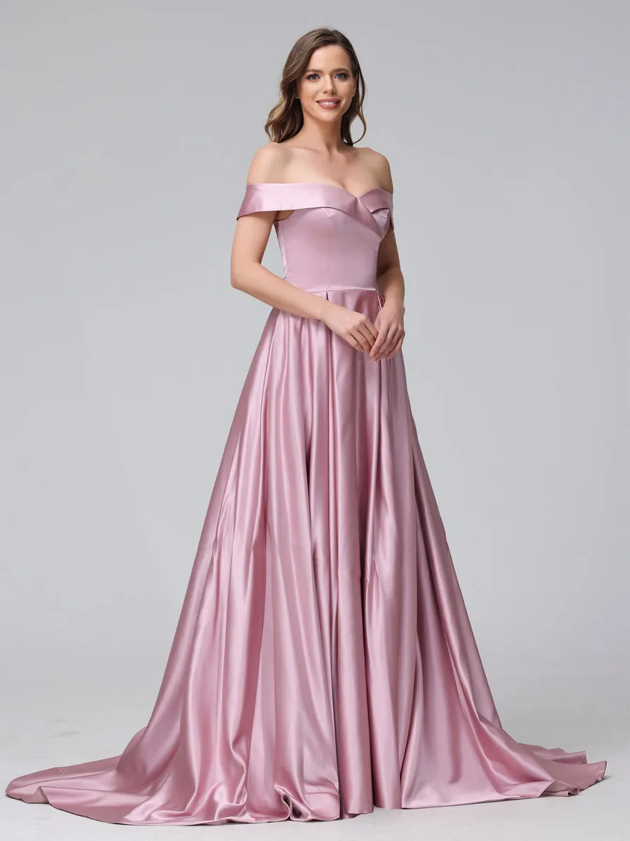 A-Line Off-the-Shoulder Long Satin Prom Dresses with Split Side & Pockets sold by Lavetir