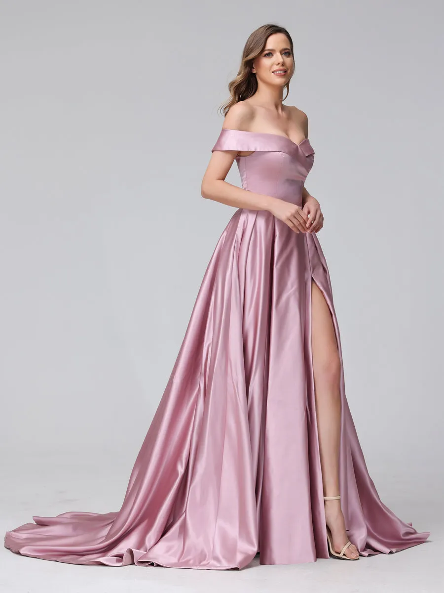 A-Line Off-the-Shoulder Long Satin Prom Dresses with Split Side & Pockets sold by Lavetir product image thumbnail 5