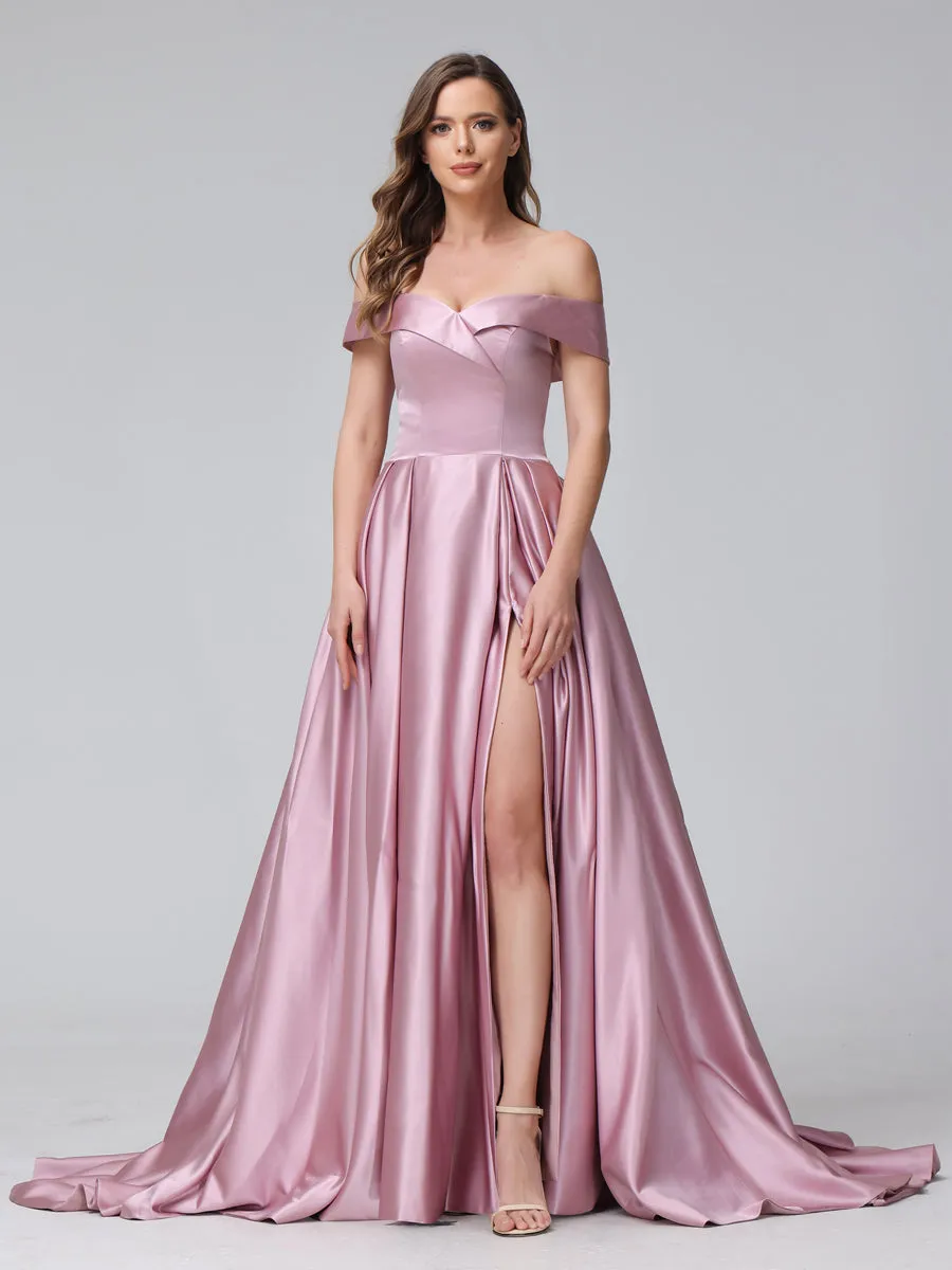 A-Line Off-the-Shoulder Long Satin Prom Dresses with Split Side & Pockets sold by Lavetir product image thumbnail 3