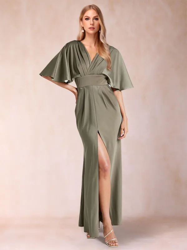 Sheath/Column V-Neck Short Sleeves Silk Satin Evening Dresses with Split Side sold by Lavetir