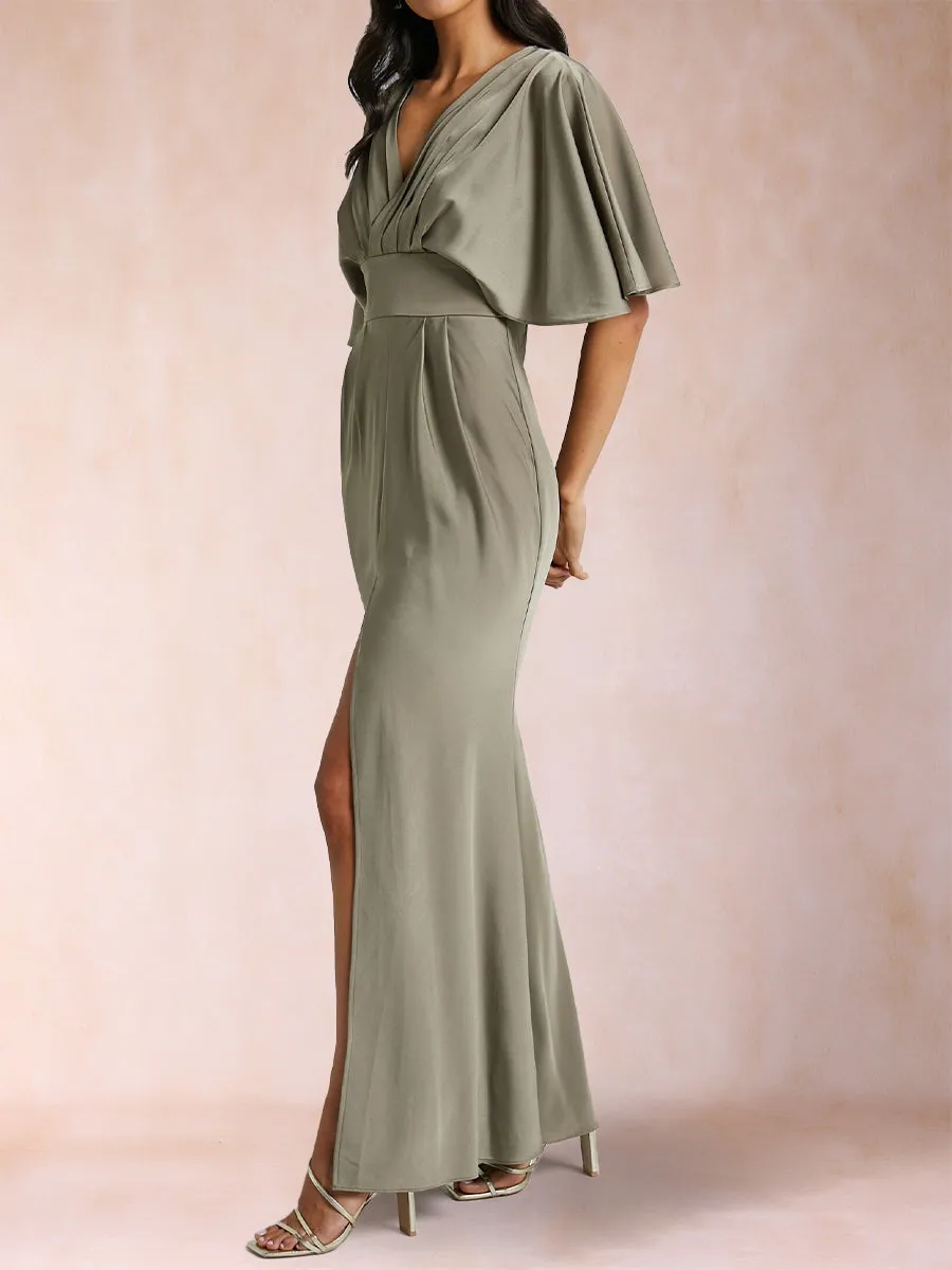 Sheath/Column V-Neck Short Sleeves Silk Satin Evening Dresses with Split Side sold by Lavetir product image thumbnail 3