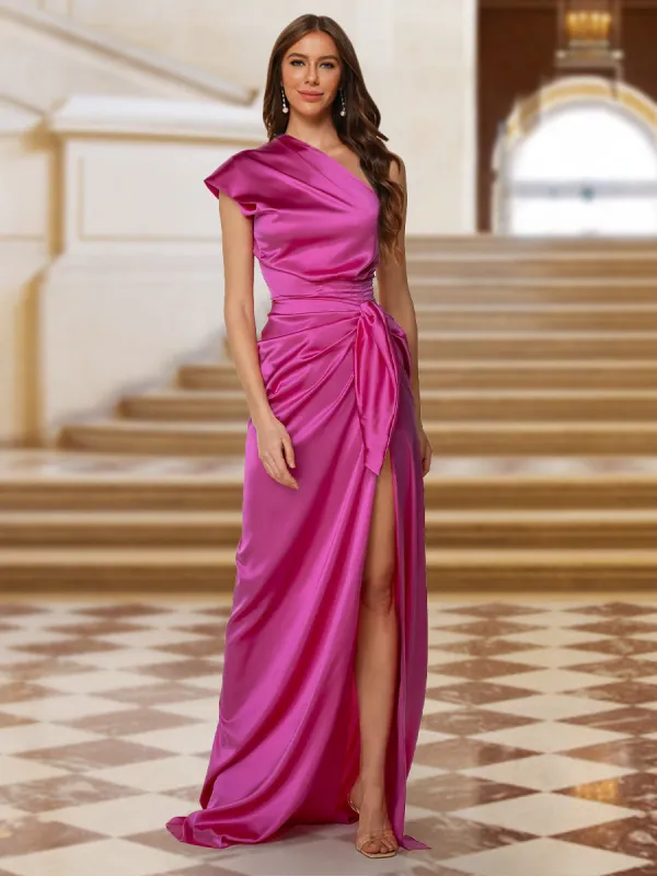 Sheath/Column One-Shoulder Silk Satin Ruched Evening Dresses with Split Side sold by Lavetir