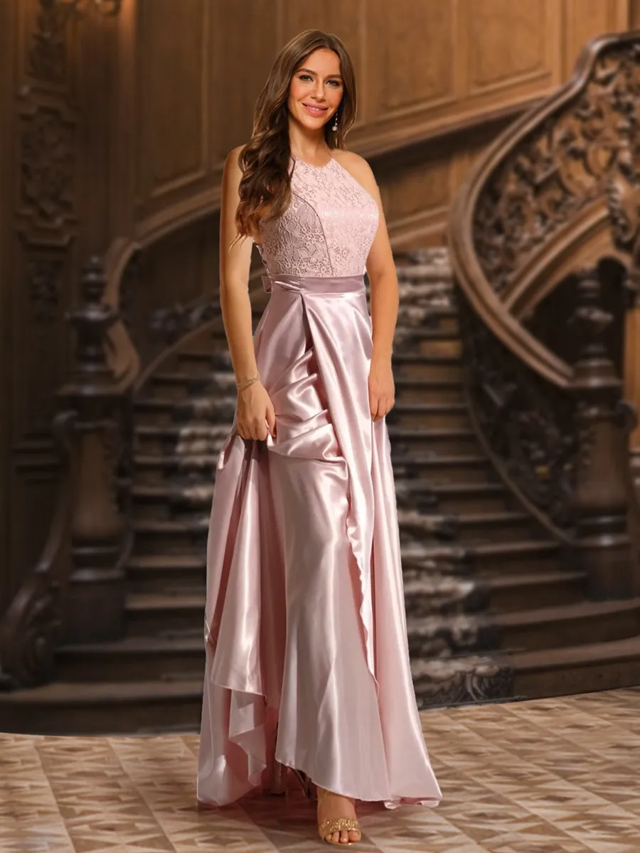 A-Line/Princess Halter Lace Top Satin Evening Dresses with Belt sold by Lavetir