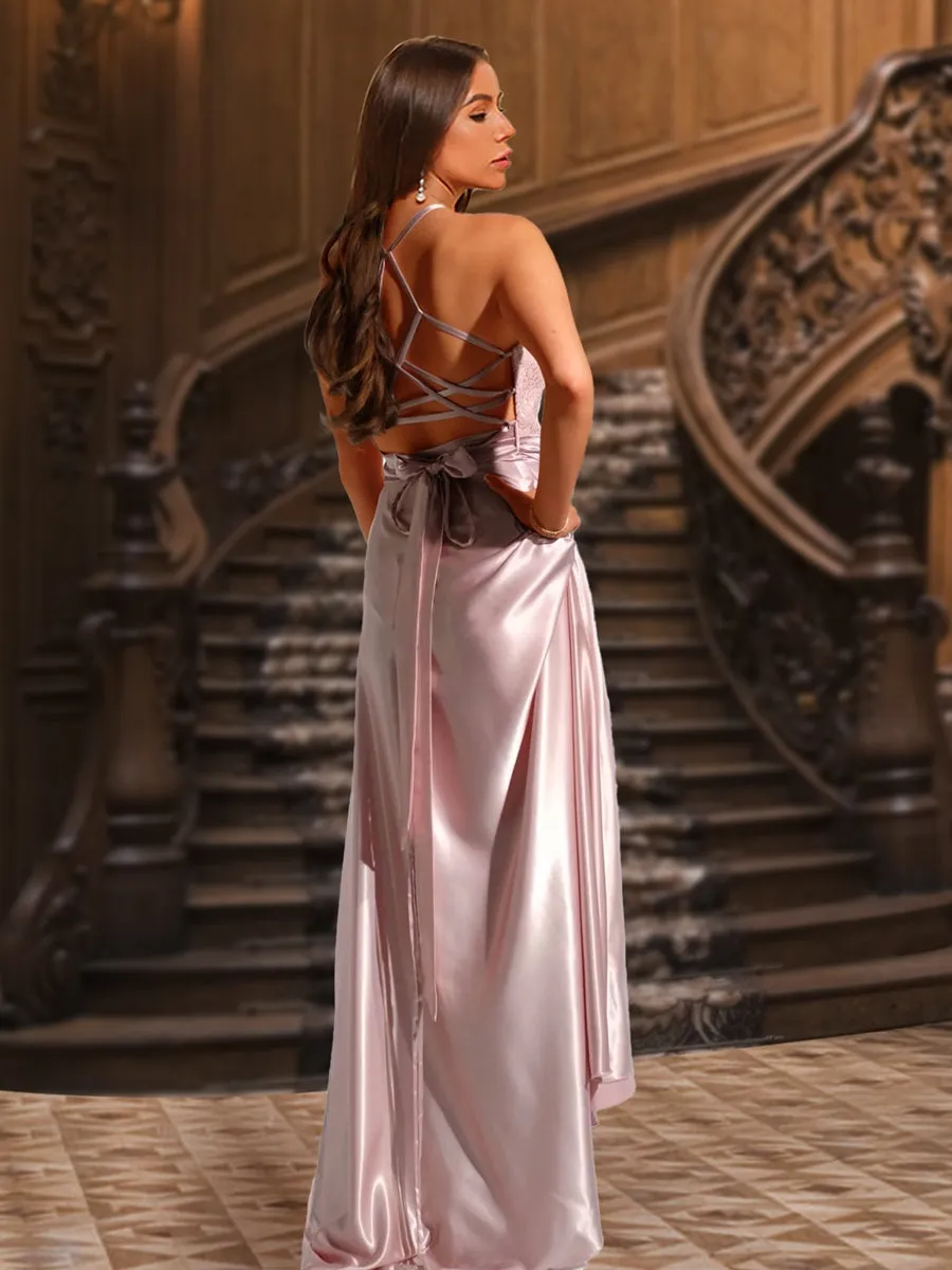 A-Line/Princess Halter Lace Top Satin Evening Dresses with Belt sold by Lavetir product image thumbnail 2