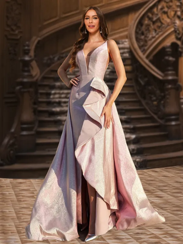 A-Line/Princess Deep V-Neck Sleeveless Ruffles Evening Dresses with Side Slit sold by Lavetir