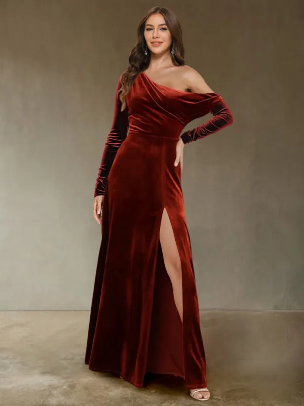 Sheath/Column Off-the-Shoulder Long Sleeves Velvet Evening Dresses with Side Slit sold by Lavetir