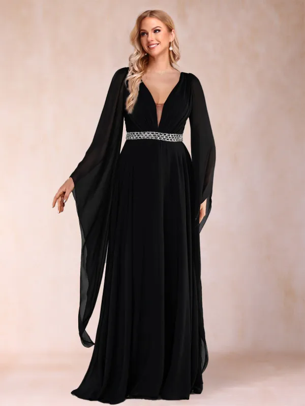 A-Line/Princess Deep V-Neck Long Sleeves Mother of the Bride Dresses with Rhinestone sold by Lavetir