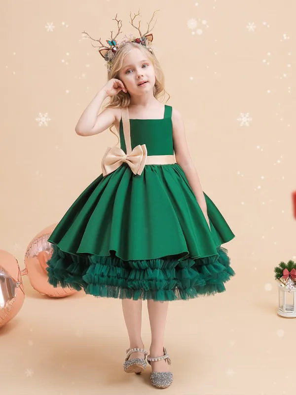 Cute Tiered Ball Gown Straps Satin Christmas Dresses with Belt & Bow sold by Lavetir