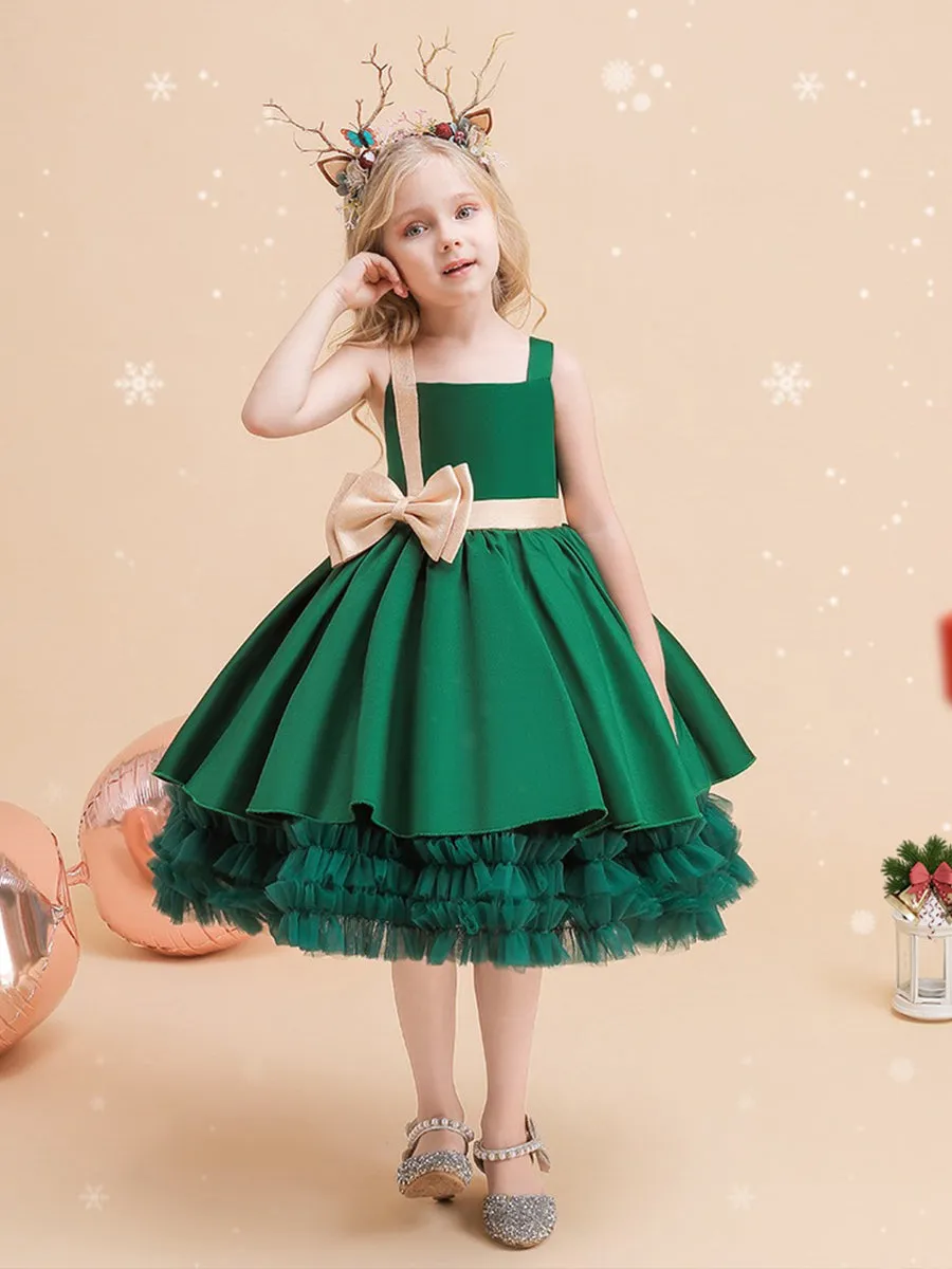 Cute Tiered Ball Gown Straps Satin Christmas Dresses with Belt & Bow sold by Lavetir