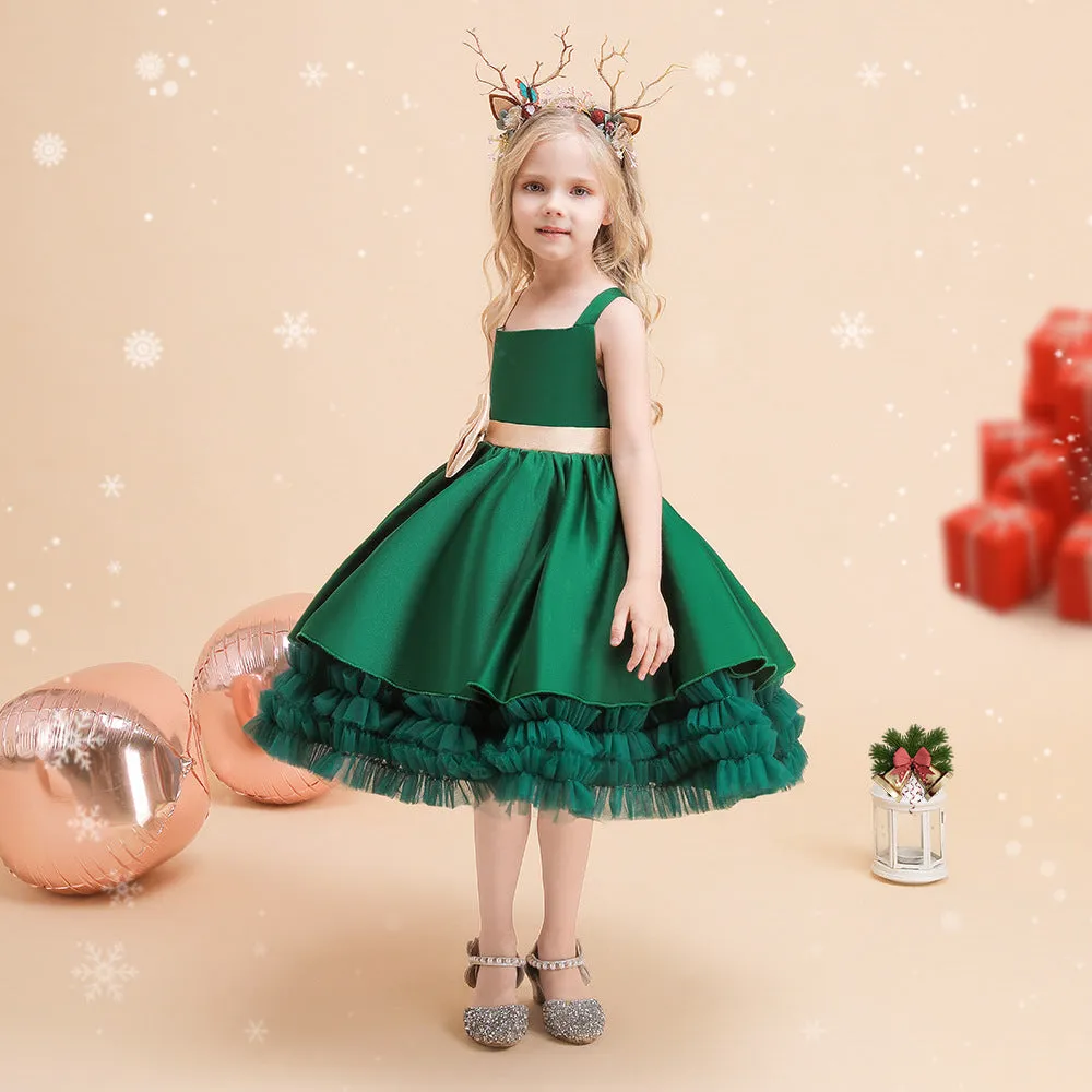 Cute Tiered Ball Gown Straps Satin Christmas Dresses with Belt & Bow sold by Lavetir product image thumbnail 2