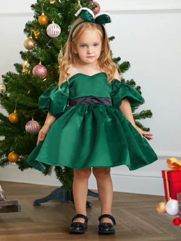 Ball Gown Off-the-Shoulder Short Sleeves Satin Christmas Dresses with Belt sold by Lavetir