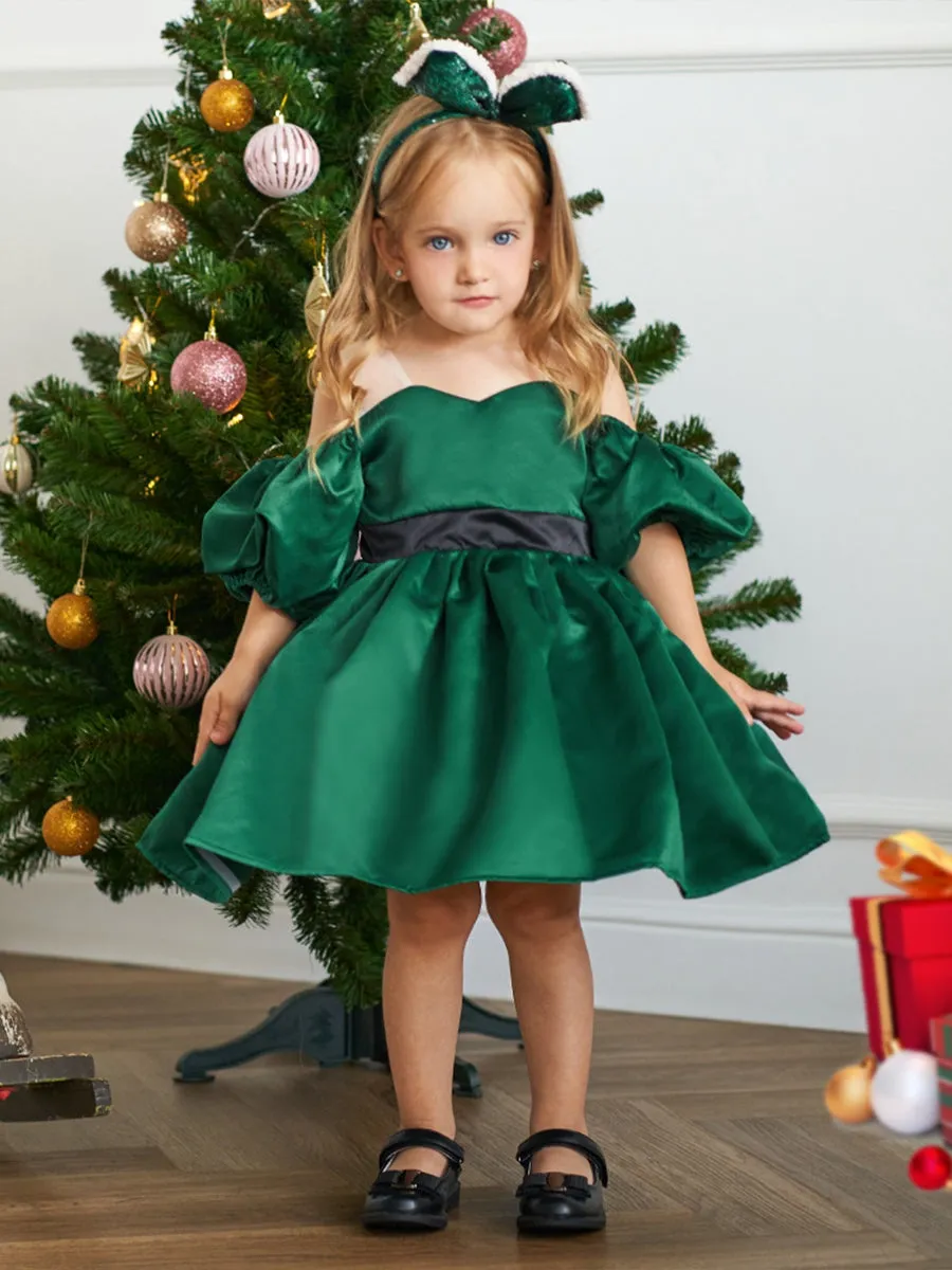 Ball Gown Off-the-Shoulder Short Sleeves Satin Christmas Dresses with Belt sold by Lavetir