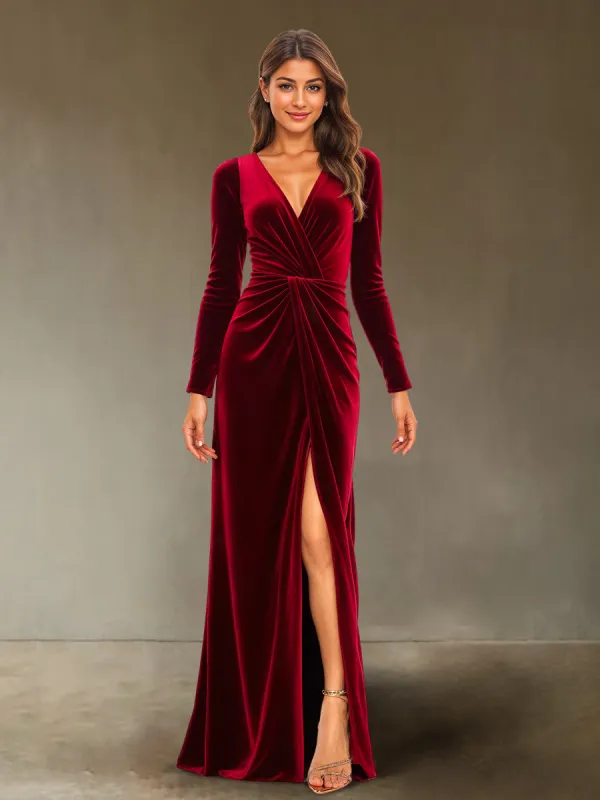 Sheath/Column V-Neck Long Sleeves Velvet Ruched Evening Dresses with Side Slit sold by Lavetir