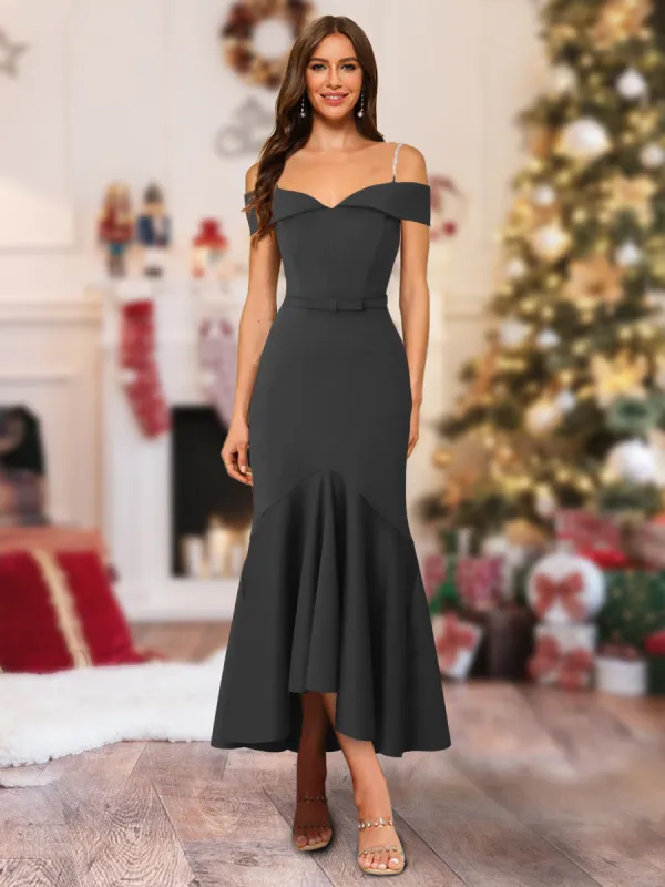 Trumpet/Mermaid Off-the-Shoulder Asymmetrical Christmas Dresses with Sash & Ruffles sold by Lavetir