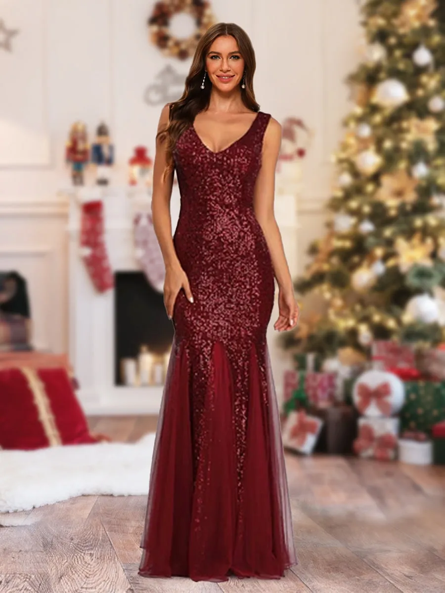 Sparkly Trumpet/Mermaid V-Neck Sleeveless Floor-Length Christmas Dresses sold by Lavetir