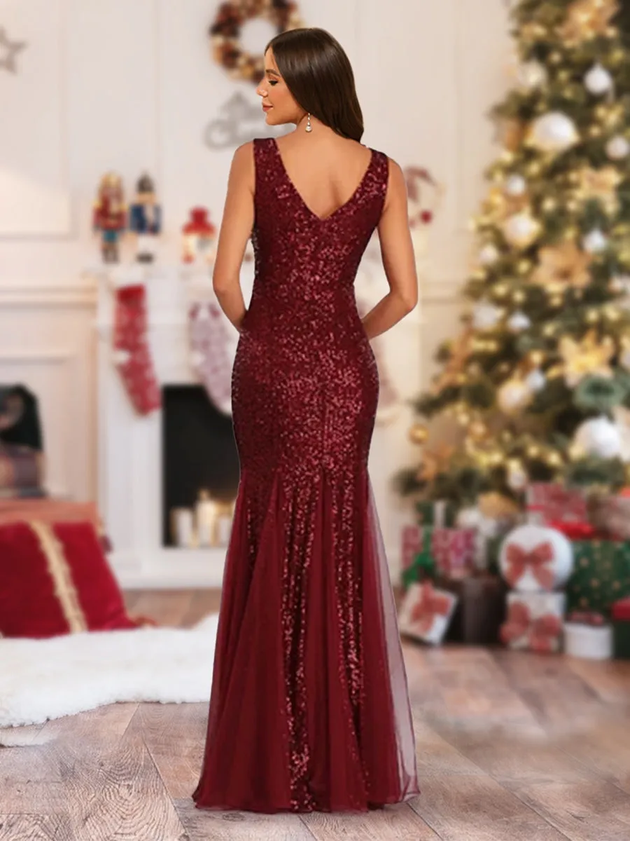 Sparkly Trumpet/Mermaid V-Neck Sleeveless Floor-Length Christmas Dresses sold by Lavetir product image thumbnail 2
