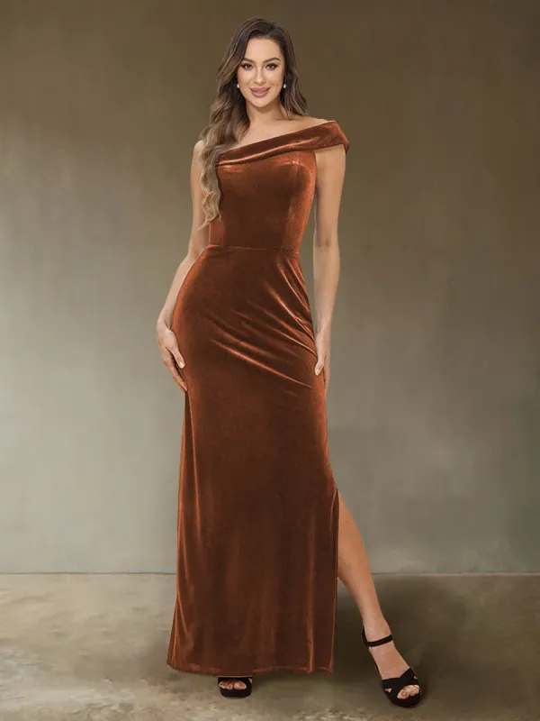 Sheath/Column One-Shoulder Sleeveless Velvet Evening Dresses with Side Slit sold by Lavetir