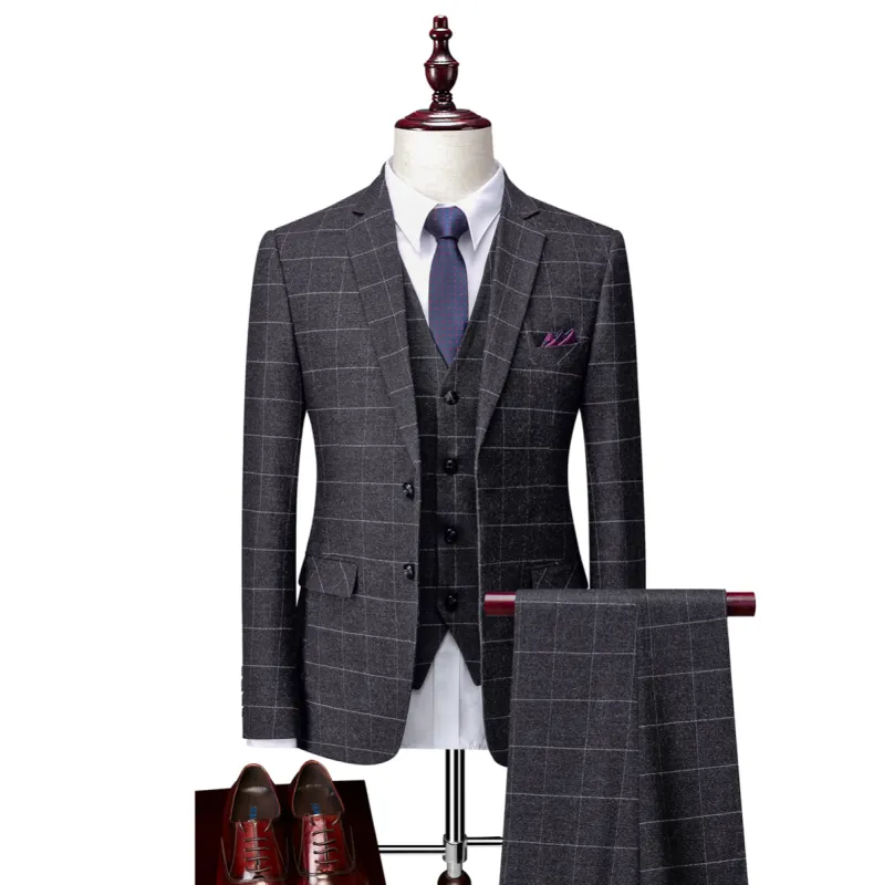 Tailored Fit Single Breasted Two-buttons 3 Pieces Plaid Men's Wedding Suits sold by Lavetir