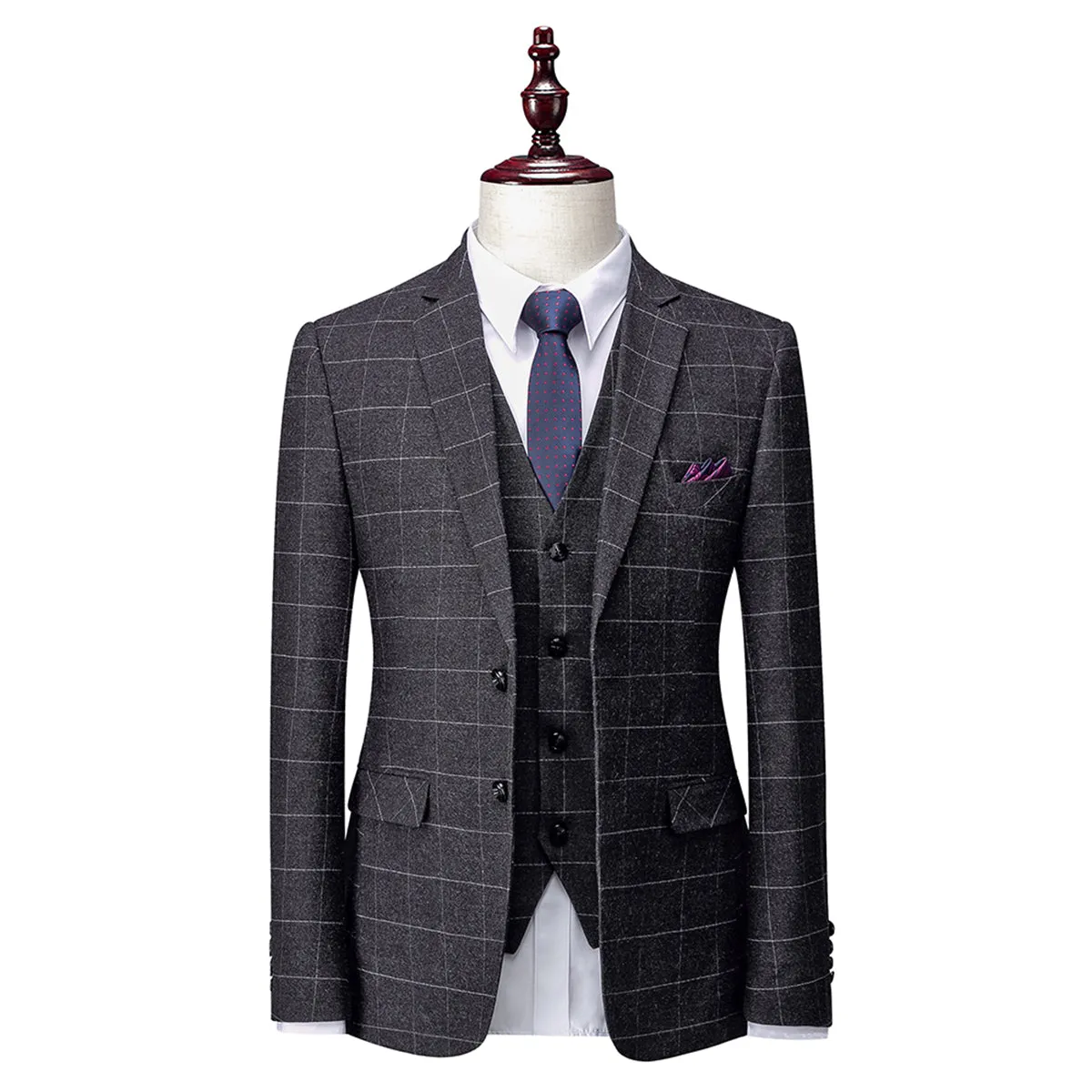 Tailored Fit Single Breasted Two-buttons 3 Pieces Plaid Men's Wedding Suits sold by Lavetir product image thumbnail 2