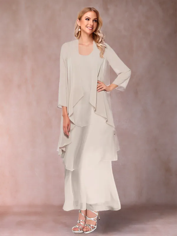 A-Line Chiffon Scoop 3/4 Sleeves 3 Pieces  with Ruffles  & Jacket sold by Lavetir